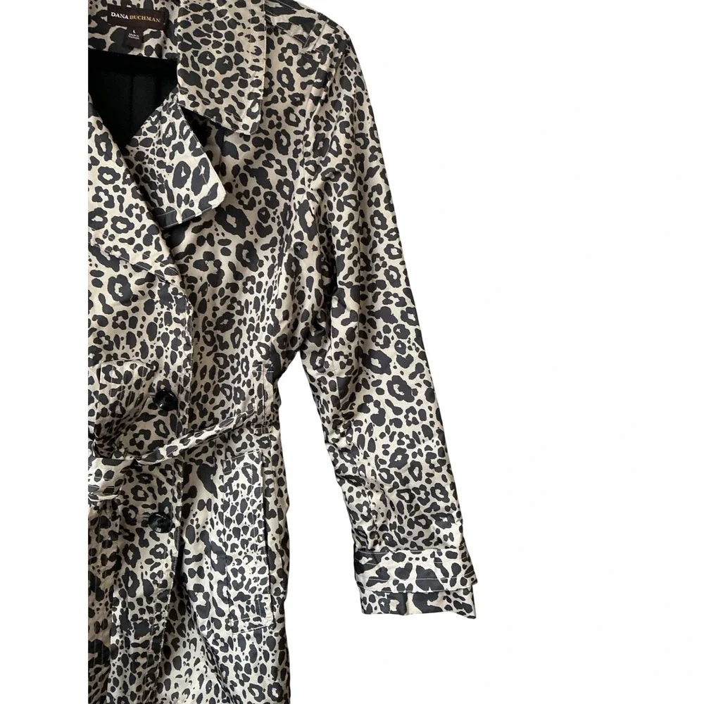 Dana Buchman Leopard‎ Print Double Breasted Belted Trench Coat Tan Black Large